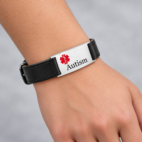 Black Leather Autism Bracelet with Adjustable Strap